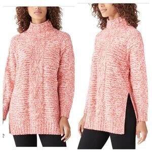 NEW Lucky Brand Sweater Mock Neck Cable Knit Red/White Tunic Oversized XS